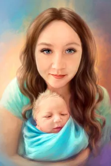Портрет голубоглазой девушки с волнистыми волосами которая держит на руках младенца, работа выполнена Под масло, художник Анастасия 