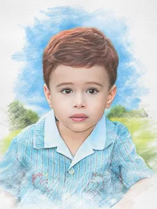 Портрет мальчика нарисованный в стиле Карандаш, простой и цветной карандаш, штрихи, мальчик в голубой рубашке на фоне природы  , художник Татьяна Н