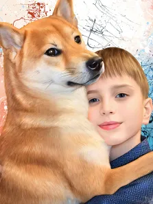 Детский портрет с собакой в стиле Дрим арт, цифровая живопись и портреты на холсте, художник Артём