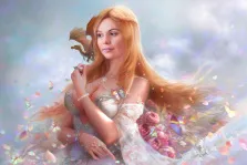 Портрет девушки в стиле Фэнтези, девушка в образе эльфийки на плече у нее маленький дракон, портрет на холсте, художник Антонина