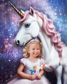 Портрет маленькой девочки отрисованный в стиле Фэнтези, на картине изображена принцесса с единорогом, у девочки на голове корона, а в руках волшебная палочка. У единорога золотой рог и розовая грива, художник Павел Д