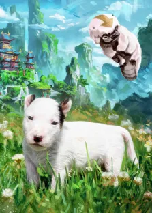 На картине изображена собака на фоне зелени и китайских храмов. Над собакой летает Аппа, портрет нарисованный в стиле Фэнтези, художник Александра И