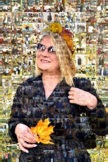 Мозаика, художник Ирина Портрет в стиле мозаика, женщина в стилизованном костюме осени, держащая в руках яркий кленовый лист. Фон представляет собой фотомозаику из множества фотографий. Художник Ирина