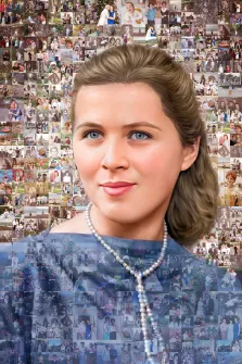 Мозаика, художник Ирина Портрет в стиле мозаика, женщина с мягкими чертами лица, смотрящая прямо на зрителя. Её волосы аккуратно убраны назад, а лёгкая улыбка придаёт образу теплоту и дружелюбие. Фон выполнен из множества фотографий, создающих эффект коллажа, что добавляет глубину и символизм композиции. Художник Ирина