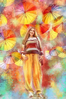 Женский портрет нарисованный в стиле Гранж, девушка на ярком фоне на котором читаются радужные зонтики, художник Павел Д