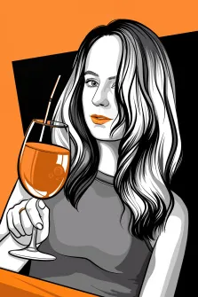 Портрет красивой молодой девушки в стиле Поп-арт, девушка на оранжевом фоне с бокалом в руках , художник Александра Р