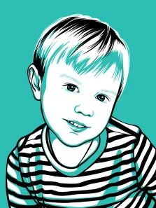Детский портрет нарисованный в стиле Поп-арт, векторное изображение, мальчик на бирюзовом фоне, художник Александра Р