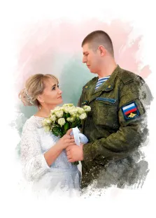 Парный портрет в стиле Акварель, девушка в белом платье держит свадебный букет в руках и мужчина в военной форме, художник Евгения А
