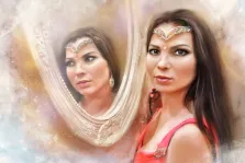 Портрет по фото в стиле Акварель, девушка смотрит вперед и отражается в зеркале, акварельные разводы , художник Анна