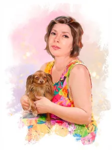 Портрет женщины с собачкой в стиле Акварель, женщина в цветном ярком платье на акварельном фоне, художник Евгения А