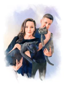 Парный портрет мужчины и девушки с их котами на руках,  цифровой портрет отрисованный в стиле Акварель, художник Евгения А