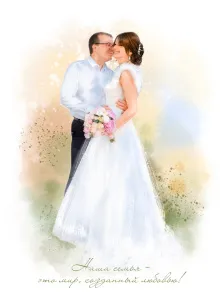 Парный свадебный портрет нарисованный в стиле Акварель, девушка в свадебном платье и мужчина рядом в костюме, художник Евгения А