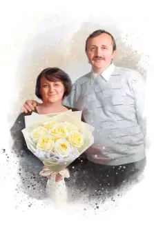 Портрет в стиле акварель, мужчина и женщина, стоящие рядом. Женщина держит букет белых роз, а мужчина обнимает её за плечи, создавая атмосферу тепла и близости. Фон выполнен в светлых тонах с эффектом акварели, что придаёт картине мягкость и романтичность.Художник Анастасия К