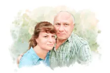Портрет в стиле акварель, мужчина и женщина, которые обнимают друг друга. Они выглядят счастливыми и спокойными, их лица выражают тепло и близость. Художник Евгения А