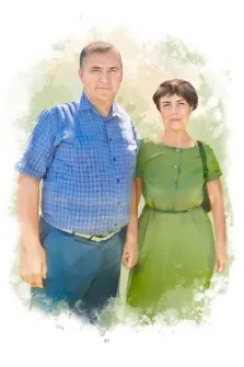 Акварель, художник Евгения А Портрет в стиле акварель,мужчина и женщина, стоящие рядом. Мужчина одет в синюю клетчатую рубашку, а женщина — в зелёное платье. Фон выполнен в светлых тонах с мягкими мазками, создающими ощущение лёгкости и гармонии. Художник Евгения А
