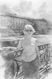 Женский портрет на фоне канала Санкт-Петербурга нарисованный в стиле  Карандаш,  художник Татьяна Н