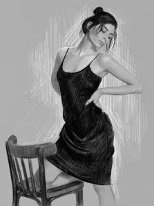 Портрет девушки нарисованный в стиле Карандаш, девушка стоит одно нагой на стуле в черном платье, художник Александра И