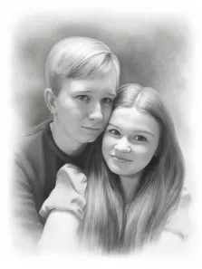 Парный портрет парня и девушки выполненный в стиле Карандаш, Чёрно-белый цифровой макет с последующей печатью на холсте,художник Антонина