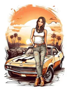 Портрет девушки в полный рост на фоне машины отрисованный в стиле Комикс,  художник Павел Д