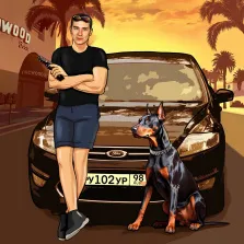 Портрет мужчины в полный рост на фоне машины, рядом сидит его пёс, портрет отрисованный в стиле Комикс, художник Александра Р