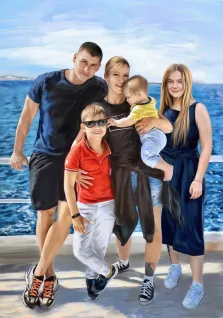Семейный портрет фоне на моря, картина нарисована в стиле Под масло, Цифровой портрет ,печать на холсте , художник Александра И
