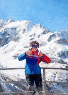 Портрет девушки на фоне снежных гор нарисованный в стиле Под масло в цифровом виде и напечатанный на холсте , художник Виктория Б