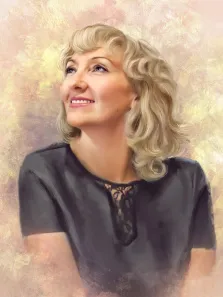 Портрет женщины на абстрактном желтом фоне нарисованный в стиле Под масло, масляные мазки кистью, портрет на холсте, художник Анастасия К