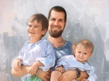 Семейный портрет отца с детьми нарисованный в стиле Под масло, портрет на холсте, художник Виктория Б