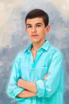 Портрет мальчика на абстрактом синем фоне нарисованный в стиле Под масло, мальчик в яркой голубой рубашке, детский портрет на холсте  художник Виктория Б