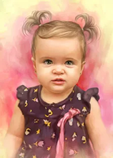 Портер девочки на абстрактом ярком фоне нарисованный в стиле Под масло, портрет ребенка на холсте, маленькая девочка с хвостиками, художник Анастасия К