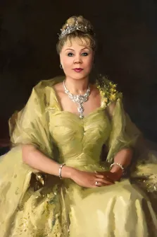 Портрет женщины в образе статной женщины тех времен, портрет в стиле Под масло,  женщина в пушном желтом платье с короной на голове, художник Анастасия К