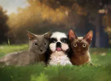 На картине изображены два кота и собака между ними, портрет животных нарисован в стиле Под масло, художник Анастасия К