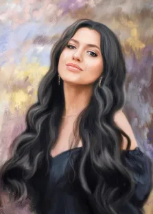 Портрет девушки нарисованный в стиле Под масло, девушка с длинными черными волосами в черном платье на абстрактом фоне, художник Александра И