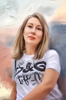 Женский портрет девушки в светлой футболке на абстрактом нейтральном фоне нарисованный в стиле Под масло, художник Анна