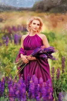 Портрет красивой девушки на фоне фиолетовых цветов, девушка в фиолетов платье, портрет Под масло, художник Анна