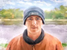 Мужской портрет в стиле Под масло, мужчина в оранжевой куртке и в синей шапке на фоне природы, масляные мазки, художник Анна