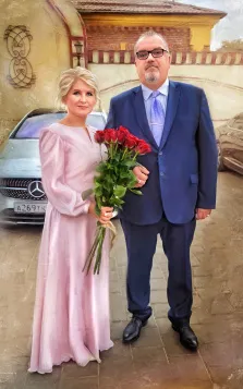Парный портрет в стиле Под масло, мужчина в костюме стоит рядом со своей женой в розовом платье , художник Анна