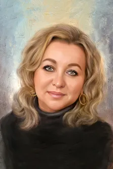 Женский портрет нарисованный в стиле Под масло, женщина в темном свитере на абстрактом фоне , художник Анна