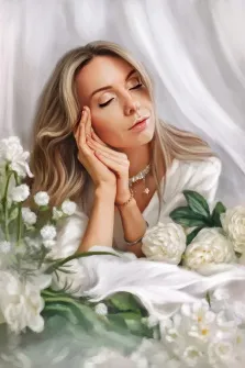 Женский портрет красивой девушки в белых цветах в стиле Под масло, художник Анастасия К