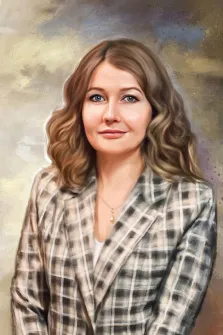 Портрет девушки в клетчатом пиджаке на абстрактом нейтральном фоне, женский портрет по фото в стиле Под масло, художник Александра И