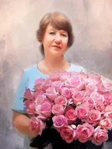 Портрет женщина с большим букетом роз на абстрактом нейтральном фоне, портрет по фото в стиле Под масло, художник Виктория Б