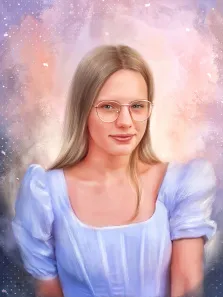 Потрет девушки в очках и белой блузке на абстрактом нейтральном фоне, цифровой портрет  отрисован в стиле Под масло, художник Анна