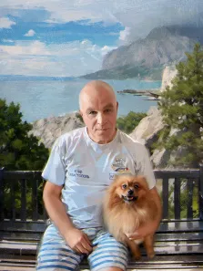 Портрет мужчины с его собакой на красивом природном фоне, портрет отрисованный в стиле Под масло, художник Виктория Б