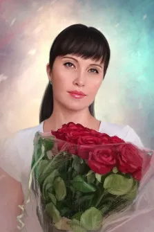 Портрет девушки с букетом алых роз, портрет отрисованный в стиле Под масло, художник Софья У