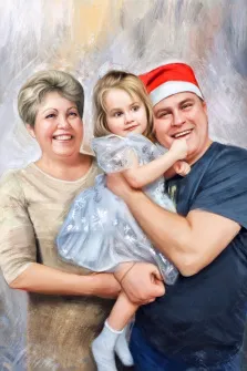 Семейный портрет отрисованный в стиле Под масло, мужчина держит на руках маленькую девочку в белом платье, а рядом стоит женщина, художник Александра И