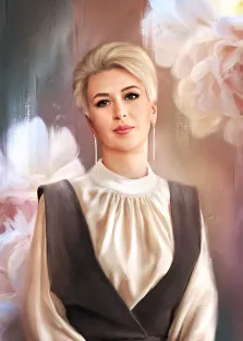 Портрет красивой девушки с короткой стрижкой на фоне цветов, цифровой портрет отрисованный  в стиле Под масло, художник Анна