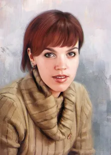 Портрет девушки с короткой стрижкой на абстрактом фиолетов фоне, цифровой портрет отрисованный в стиле  Под масло, художник Виктория Б