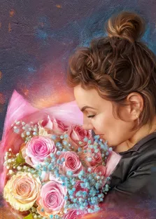 Портрет кудрявой женщины, которая нюхает букет цветов, Портрет отрисован на абстрактом фоне и отрисован в стиле Под масло, художник Анна