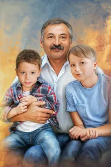Семейный портрет нарисованный в стиле Под масло, дедушка держит на руках своих внуков, портрет нарисован на абстрактом оранжево-синим фоне, художник Павел Д