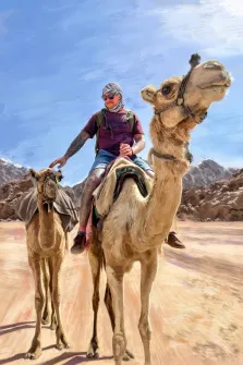 Мужской портрет нарисованный в стиле Под масло, мужчина сидит на верблюде, а рядом идет маленький верблюд, на фоне изображена пустыню,  художник Александра И